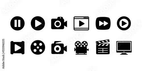 Multimedia Icon Set. Play, Pause, Camera, Clapperboard, Video Player, Monitor