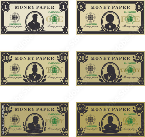 Vector Illustration of Fictional Banknotes $1, $5, $10, $20, $50, $100 Designs