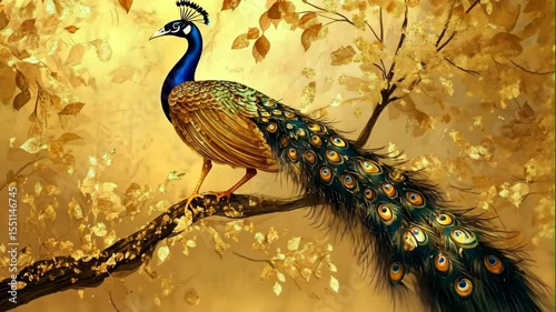 gold peacock in nature forest background	
