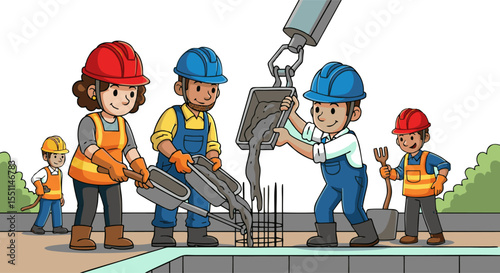 Cartoon construction workers pouring concrete into rebar framework with tools