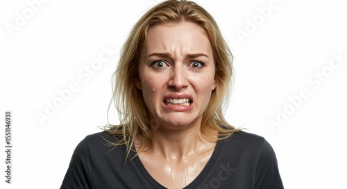 Woman expressing extreme fear and anxiety with sweat, set against a stark white backdrop
