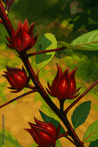 This is a digital illustration of red roselle (Hibiscus sabdariffa) calyces growing on a stem, set against a blurred background of natural green and yellow foliage. The vibrant red calyces are plump a