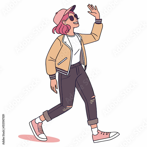 Cheerful young woman with stylish attire and a carefree demeanor waving hello