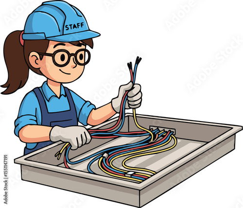 Cartoon electrician with glasses and staff hat working on electrical wiring in a box.