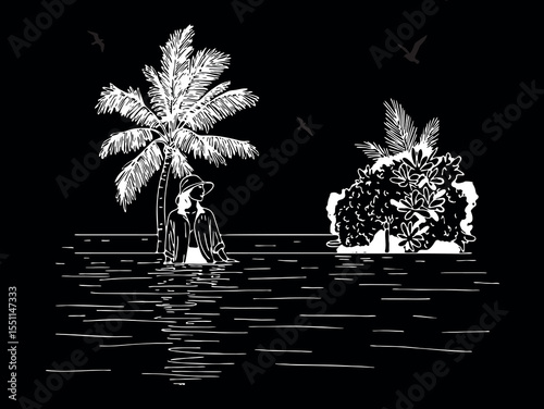 tropical landscape with girl on black background with chalk