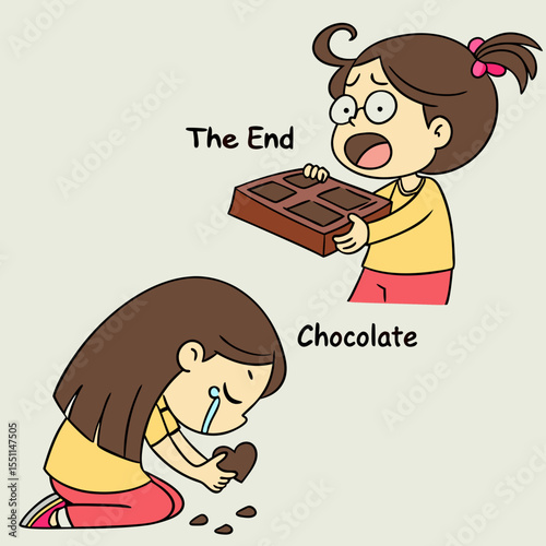 Cartoon depiction of a girl's distress over the ending of her chocolate bar