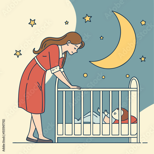 A mother lovingly watching over her baby in a crib under a crescent moon