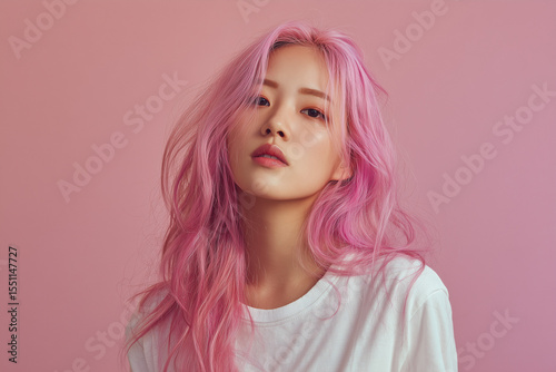 ピンクの髪色のアジア人女性、韓国人、日本人、ヘアカラー
