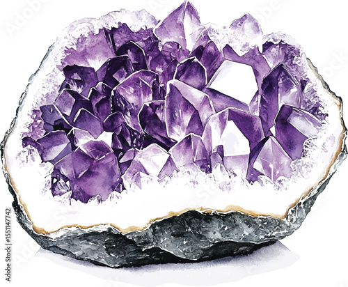Watercolor amethyst cluster crystal on white background. Hand drawn  illustration vector of purple stone and mineral. Healing crystal, crown third eye chakra stone