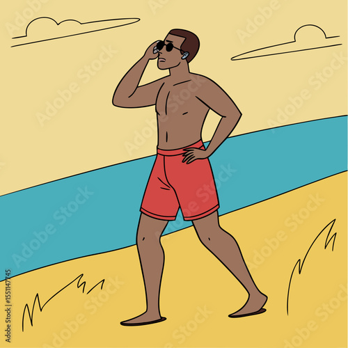 Sun-kissed wanderer: Illustration of a muscular man enjoying a coastal stroll