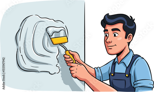 Cartoon Illustration of a Handyman Applying Plaster to a Wall