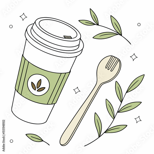 Biodegradable Coffee Cup with Green Utensil
