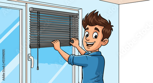 Cartoon man adjusting gray window blinds with a cheerful expression