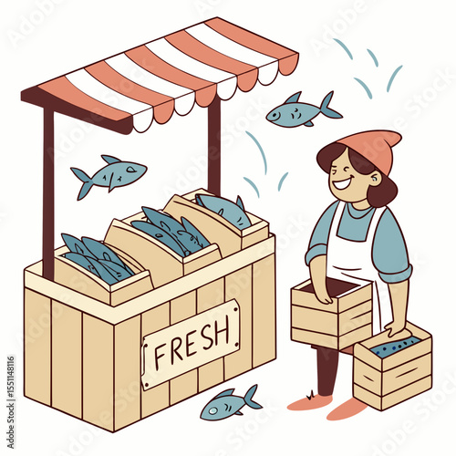 Fishmonger illustration at marketplace stall selling freshly caught seafood