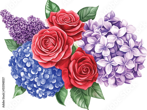 Red Rose Hydrangea Lilac Bouquet Watercolor vector illustration