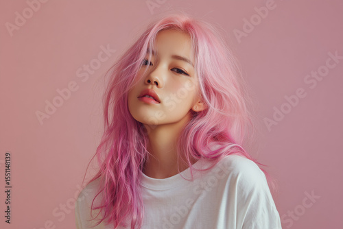 ピンクの髪色のアジア人女性、韓国人、日本人、ヘアカラー