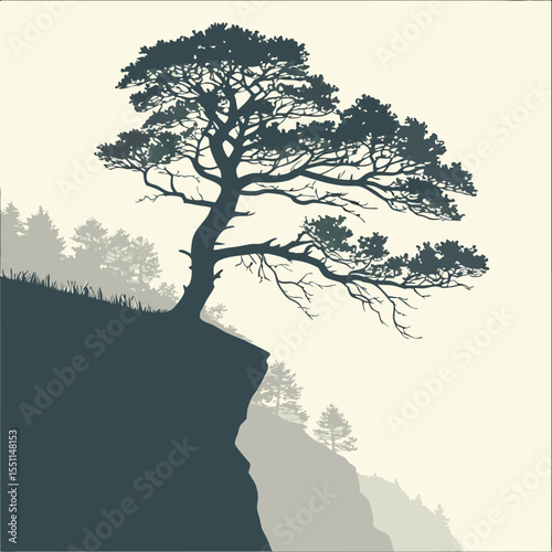 Dramatic Cliff Tree in Cloudy Landscape