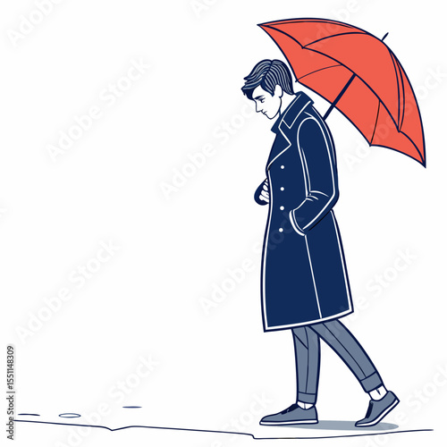 Stylized depiction of a man with umbrella in melancholy weather concept