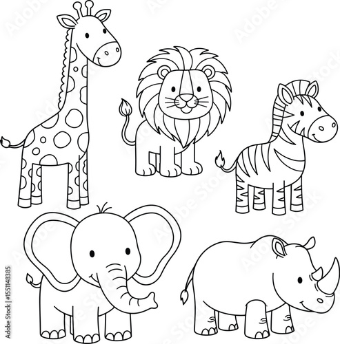 Simple black outline drawing of giraffe, lion, zebra, elephant, and rhino in child-friendly doodle style. White background.
