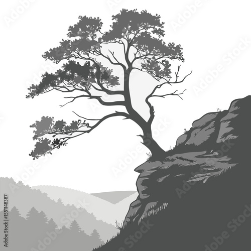 Solitary Tree Standing on Mountain Cliff