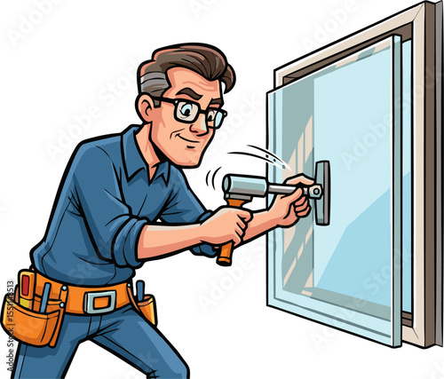 Cartoon Craftsman Installing a Window with Tools