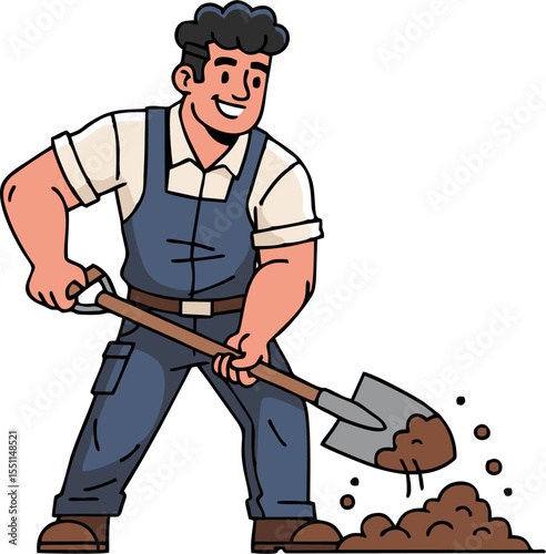Cartoon man in overalls digging with a shovel, moving dirt with a smile