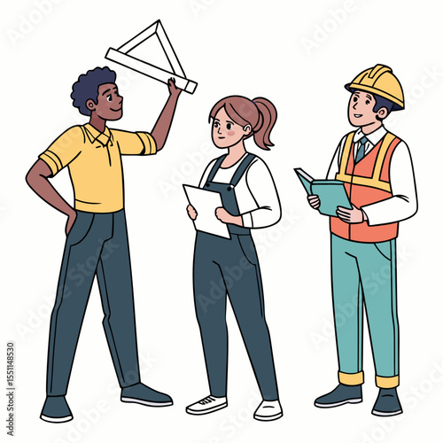 Diverse construction team collaborating on architectural plans with optimistic outlook