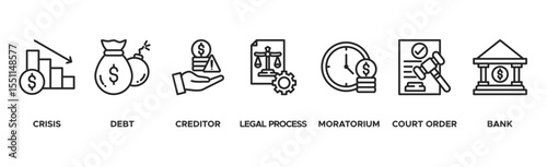 Bankruptcy banner web icon vector illustration concept with icon of crisis, debt, creditor, legal process, moratorium, court order, and bank