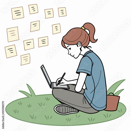 Brainstorming session: Woman sketches ideas on laptop surrounded by sticky notes
