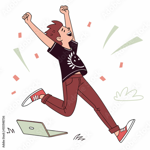 Celebrating digital success: a joyful leap after achievement on a laptop