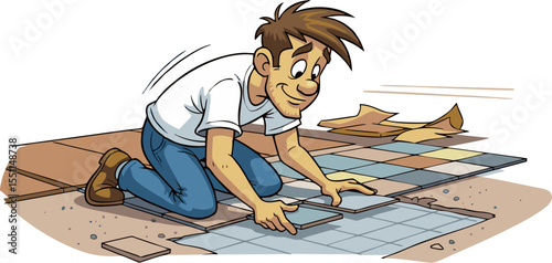 Cartoon man installing colorful square floor tiles with a focused expression