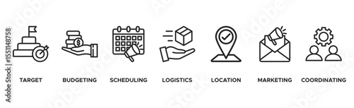 Event management banner web icon vector illustration concept with icon of target, budgeting, scheduling, logistics, location, marketing, and coordination