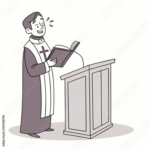 Cheerful clergyman leading the service from a lectern, a simple illustration