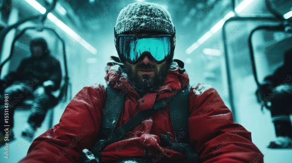 Obraz premium A ski enthusiast dons winter gear, sitting on a chairlift with a snowy landscape, emphasizing adventure and thrill in a breathtaking cold environment.