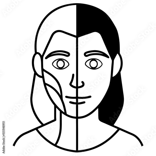 Ai face half human half machine line art vector illustration 