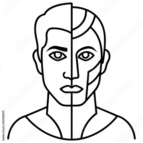 Ai face half human half machine line art vector illustration 