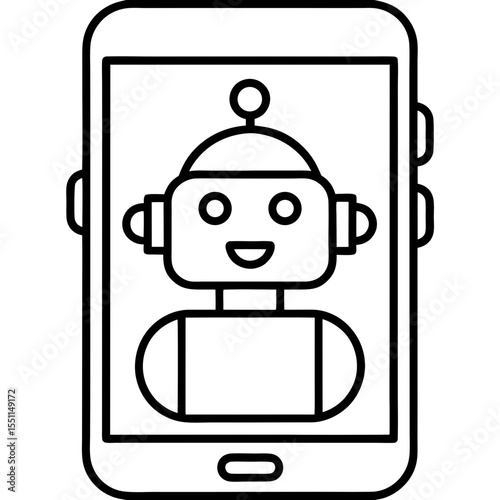 Chatbot on smartphone screen line art vector illustration 