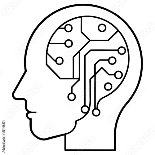 Human head with circuit brain line art vector illustration 