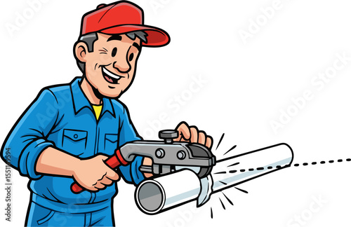 Cartoon Plumber Cutting a Plastic Pipe with Precision