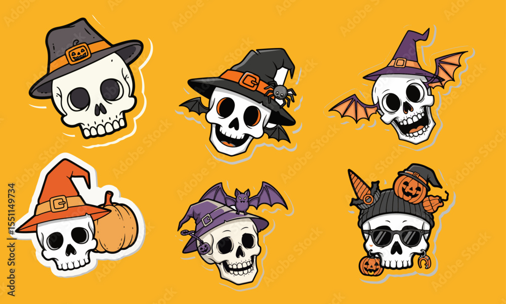 Fototapeta premium Set of Cute Halloween Skull Stickers with Witches' Hats and Spooky Accessories