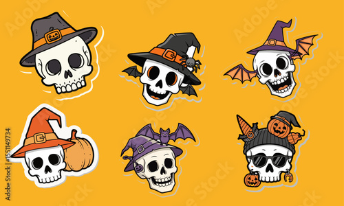 Set of Cute Halloween Skull Stickers with Witches' Hats and Spooky Accessories