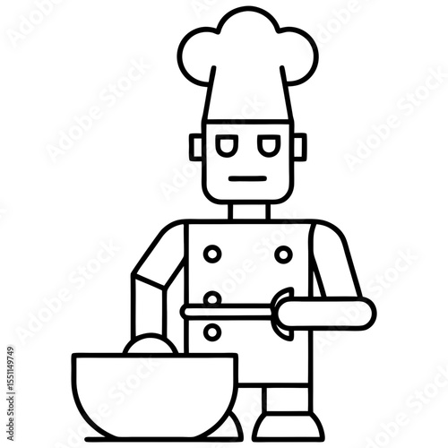 Robot chef cooking food line art vector illustration 