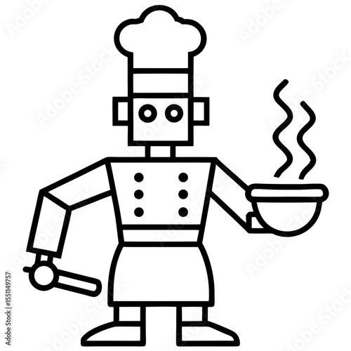 Robot chef cooking food line art vector illustration 