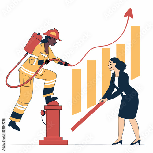 Dynamic Teamwork: Firefighter extinguishing crisis, businesswoman elevating progress