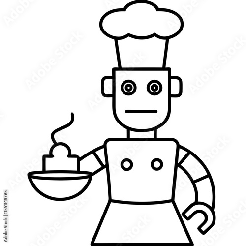 Robot chef cooking food line art vector illustration 