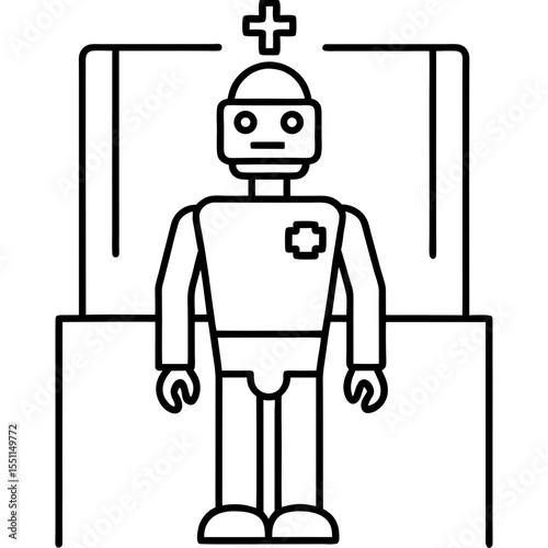 Robot doctor in medical room line art vector illustration 