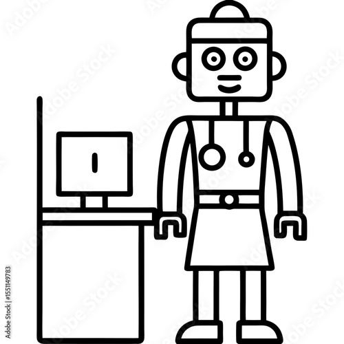 Robot doctor in medical room line art vector illustration 