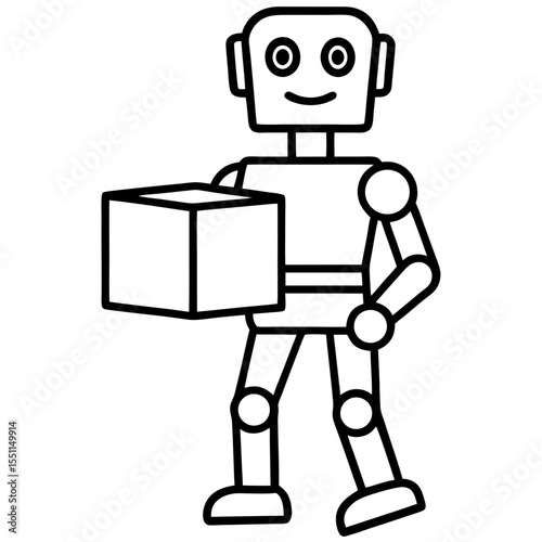 Robot with delivery box line art vector illustration 