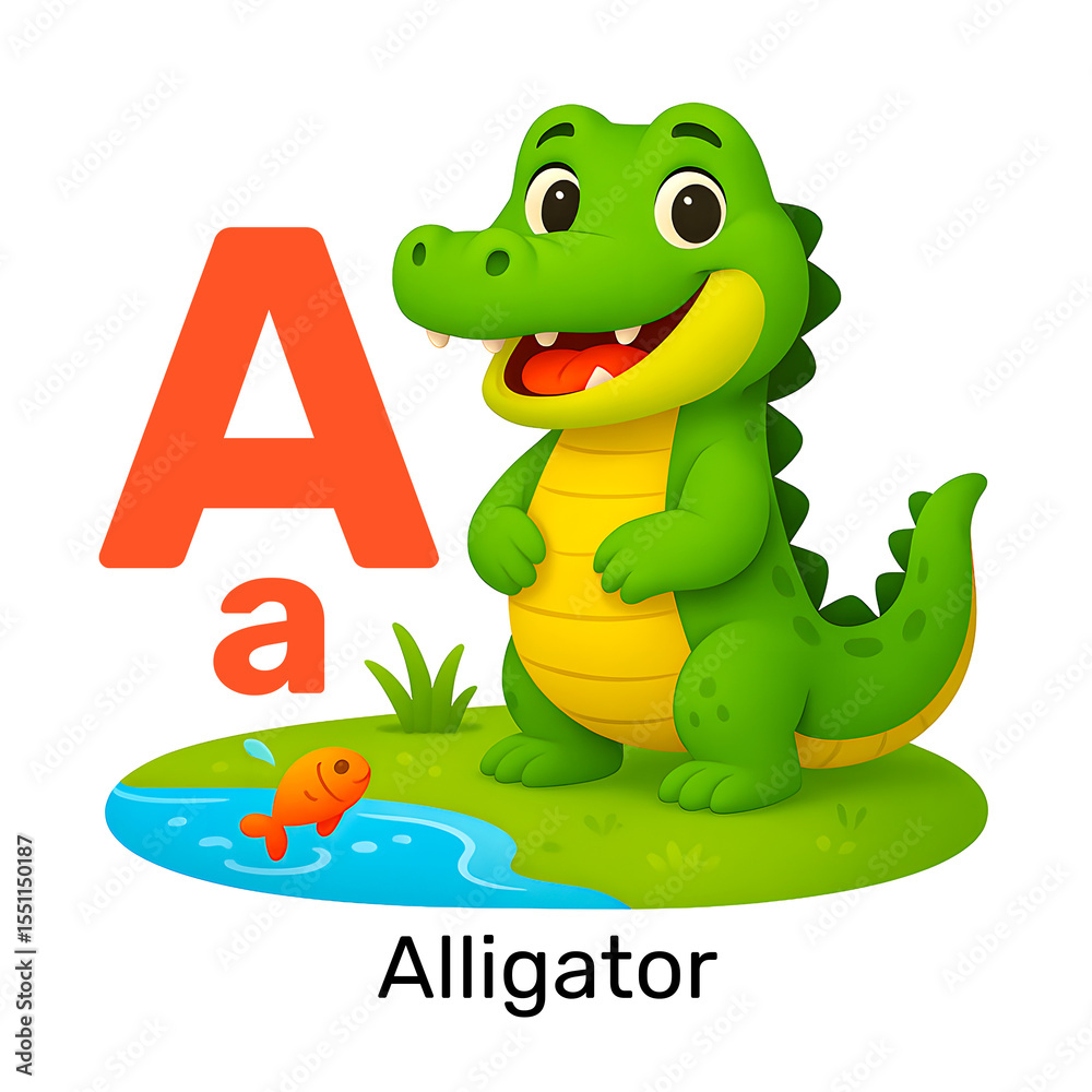 Obraz premium Cute cartoon alligator character standing next to capital and lowercase letter A, with a small fish in a pond. Educational alphabet illustration for kids. Transparent background, AI generated.