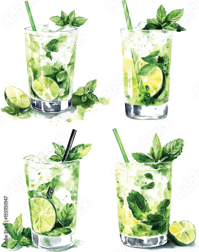 Mojito cocktail with mint, lime and watercolor splashes on white background. Alcohol drink  illustration vector